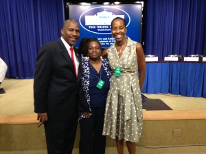 Charles Thornton, Director of DC Office of Returning Citizens, Nkechi Taifa, and Jo Patterson, Director Parent Watch pose before Champions of Change event at White House                